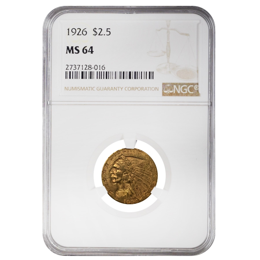 1926 $2.5 Indian Head Gold Quarter Eagle Coin NGC MS 64
