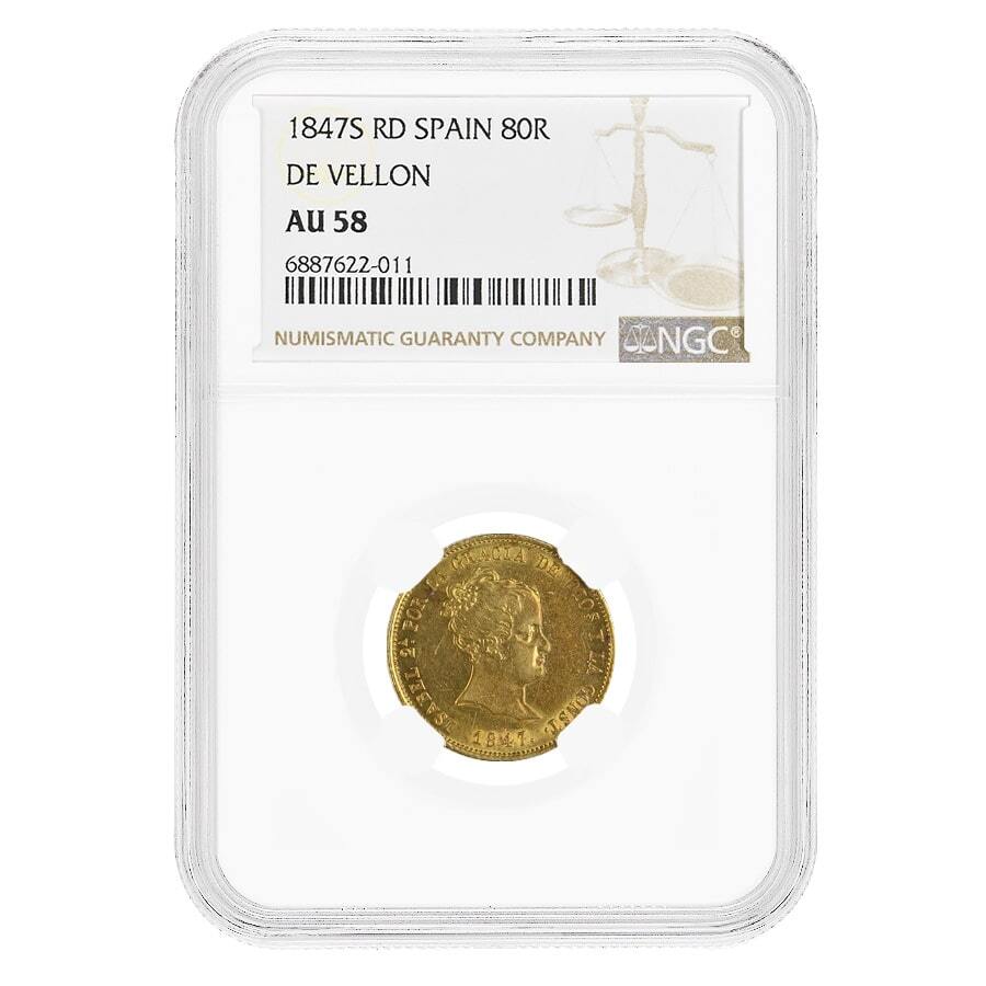 1847 S RD Spain Isabella II 80 Reales Gold Coin NGC AU 58