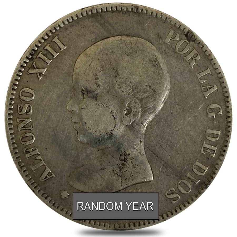1888-1892 Spain 5 Pesetas Alfonso XIII Silver Coin Circ ASW .7234 oz (Random Year)