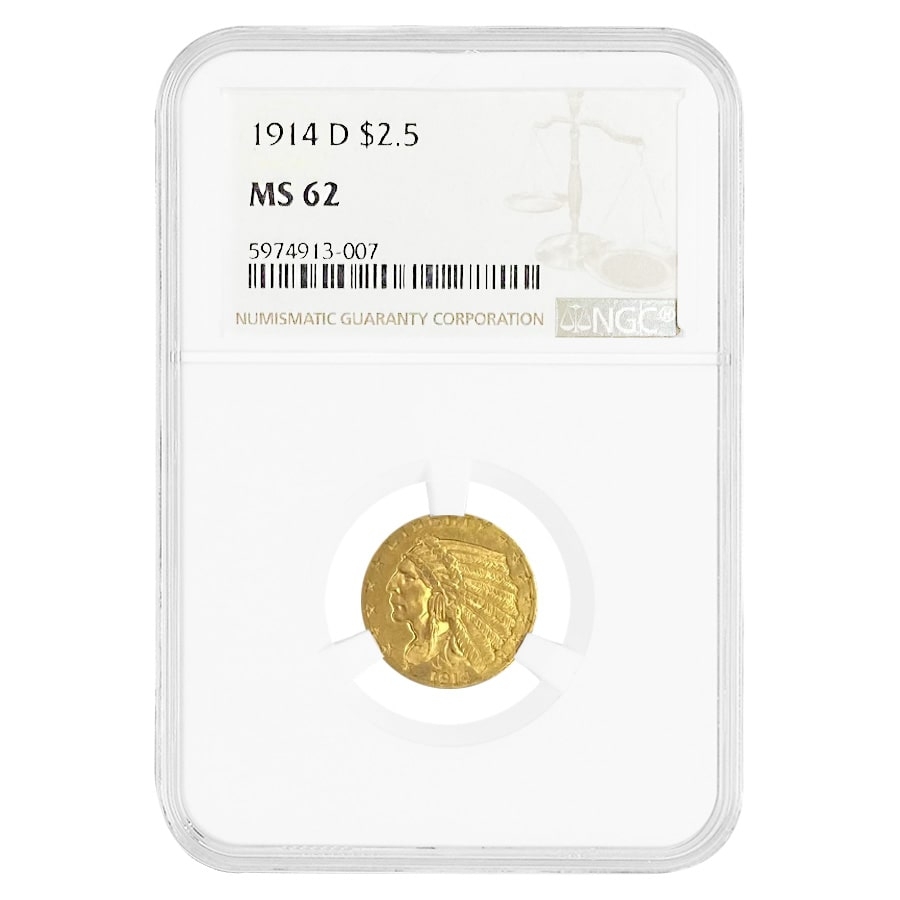 1914 D $2.5 Indian Head Gold Quarter Eagle Coin NGC MS 62