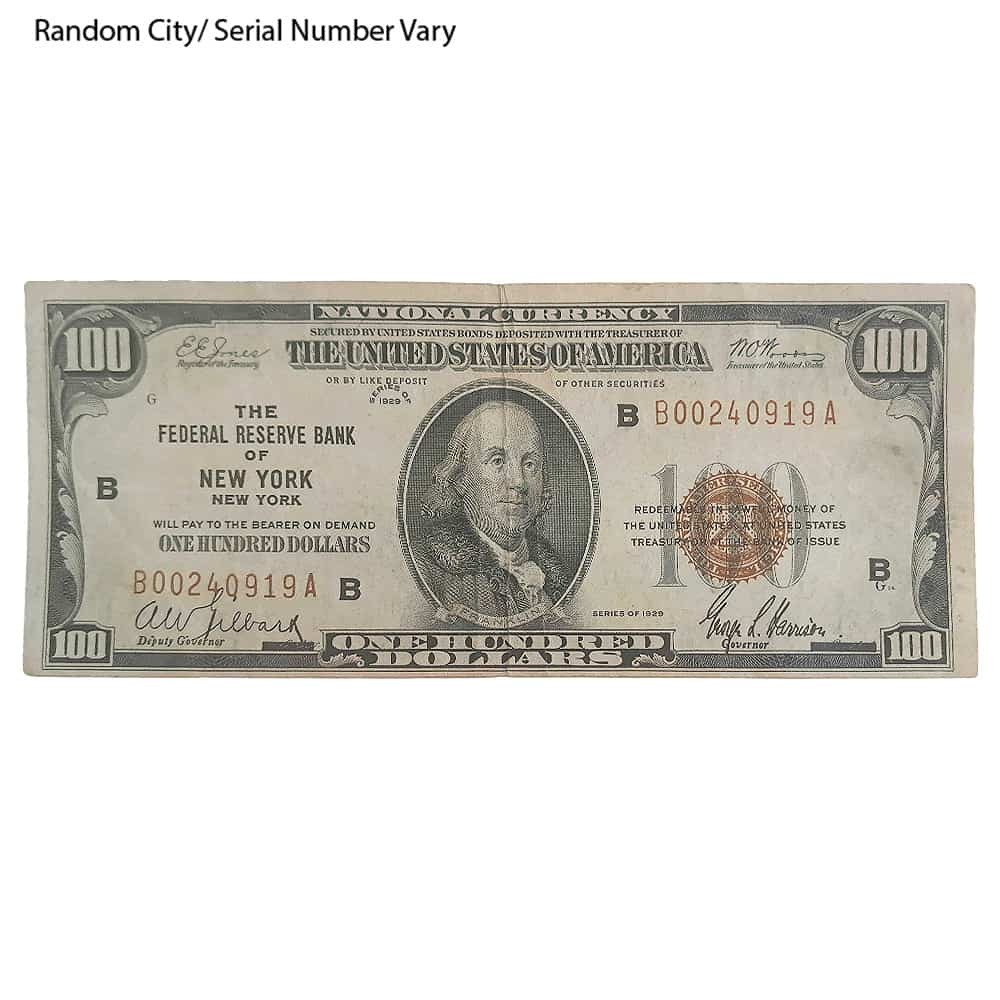 1929 $100 US National Currency Note Brown Seal Avg Circ (Random City)
