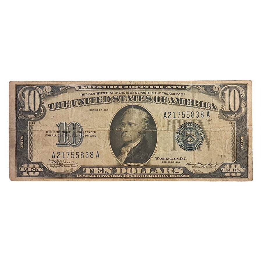 1934 $10 Silver Certificate Currency Note Blue Seal Avg Circ