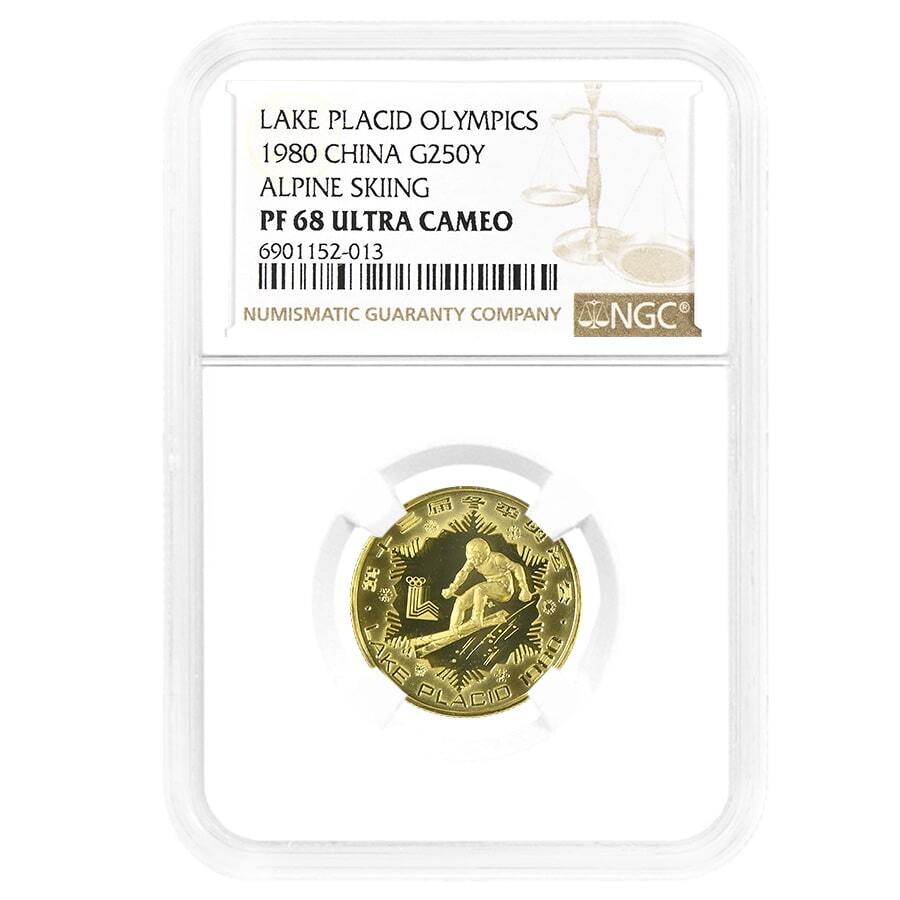 1980 Chinese Lake Placid Olympics Skiing Gold Coin NGC PF 68 UCAM
