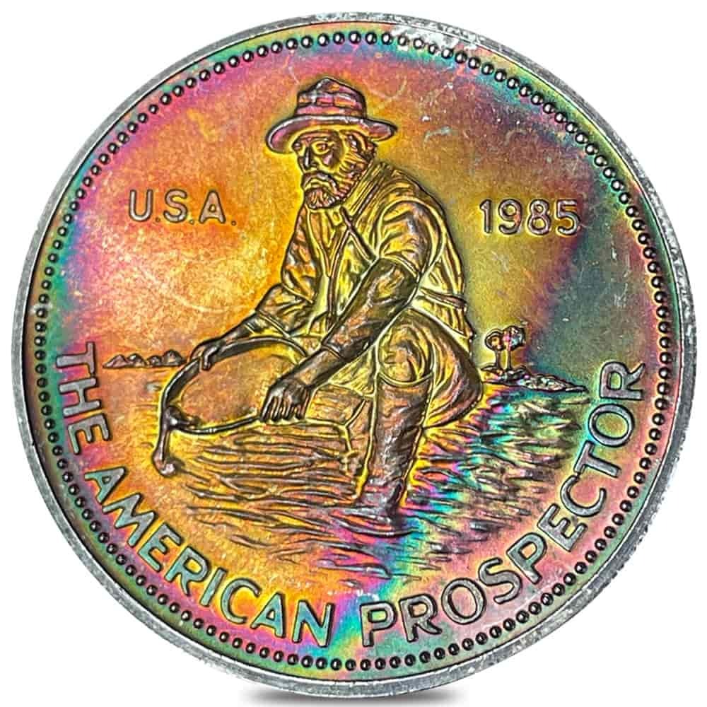 1985 1 oz Engelhard Prospector Silver Round .999 Fine (Rainbow Toning, 25856)
