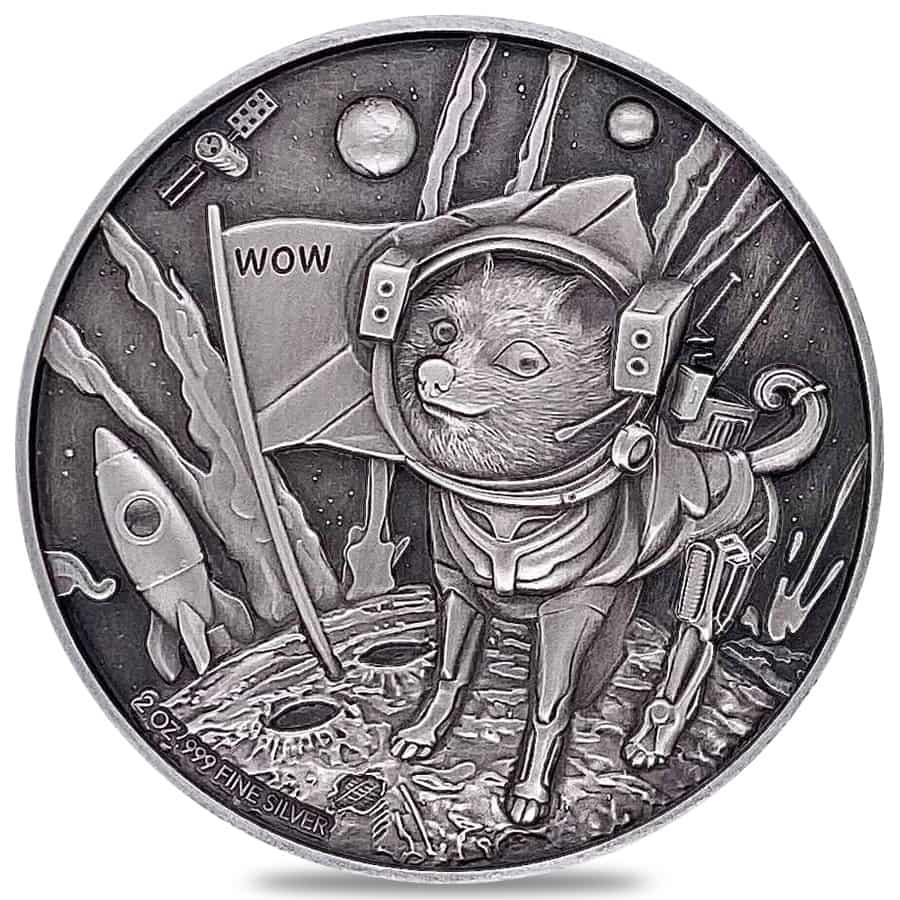 2022 Chad 2 oz Silver Doge on The Moon Antiqued High Relief Coin .999 Fine (w/Box) thumbnail 2