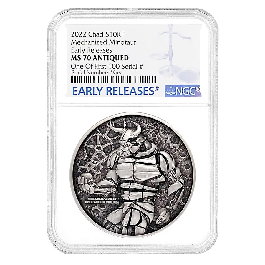 2022 Chad 2 oz Silver Mechanized Minotaur Coin NGC MS 70 ER One of First 100