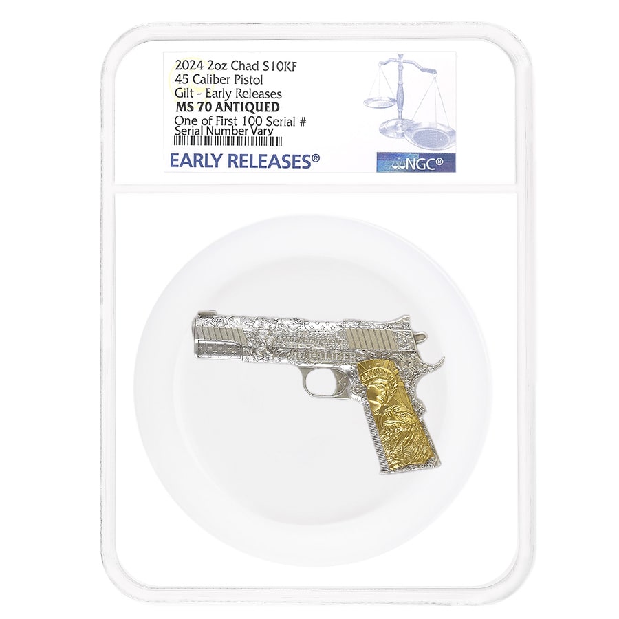 2024 Chad 2 oz Silver .45 Caliber Pistol Handgun Gilded NGC MS 70 ER One of First 100