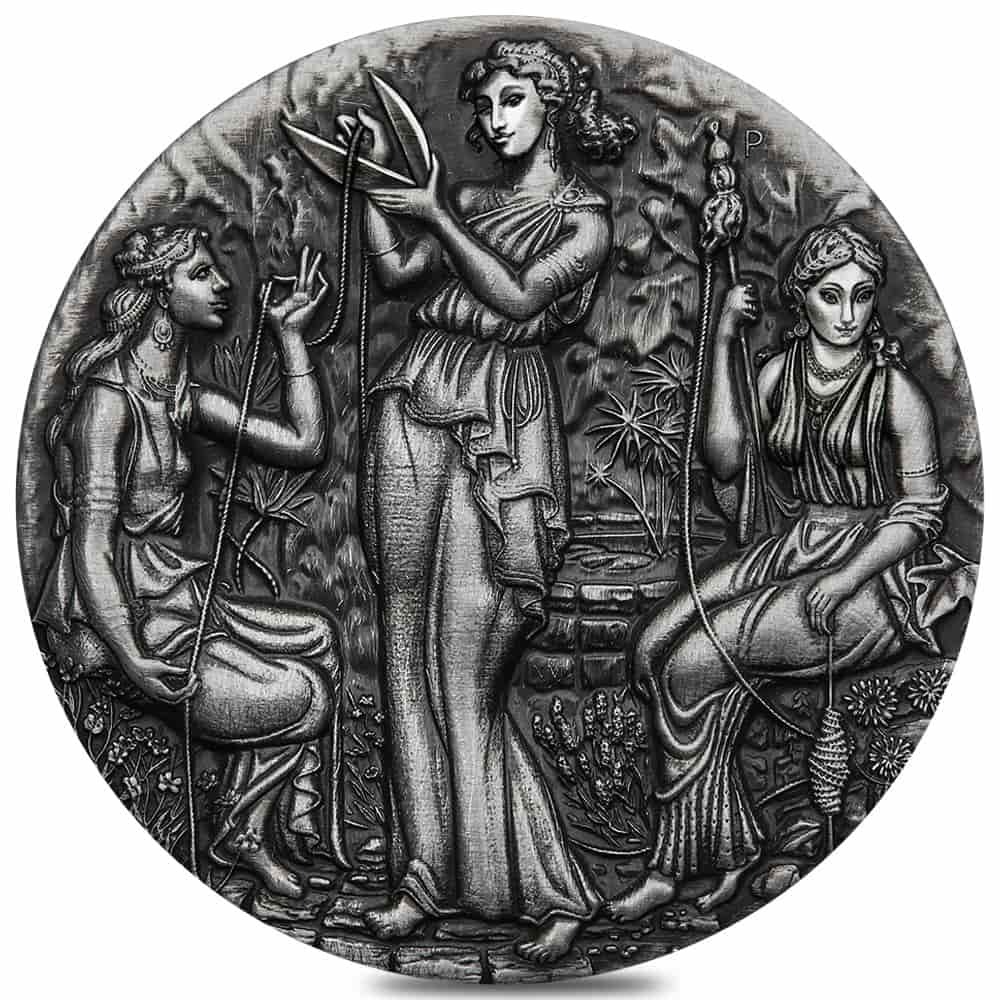 2025 2 oz Fate - The Moirai Antiqued Silver High Relief Coin Perth Mint thumbnail 2