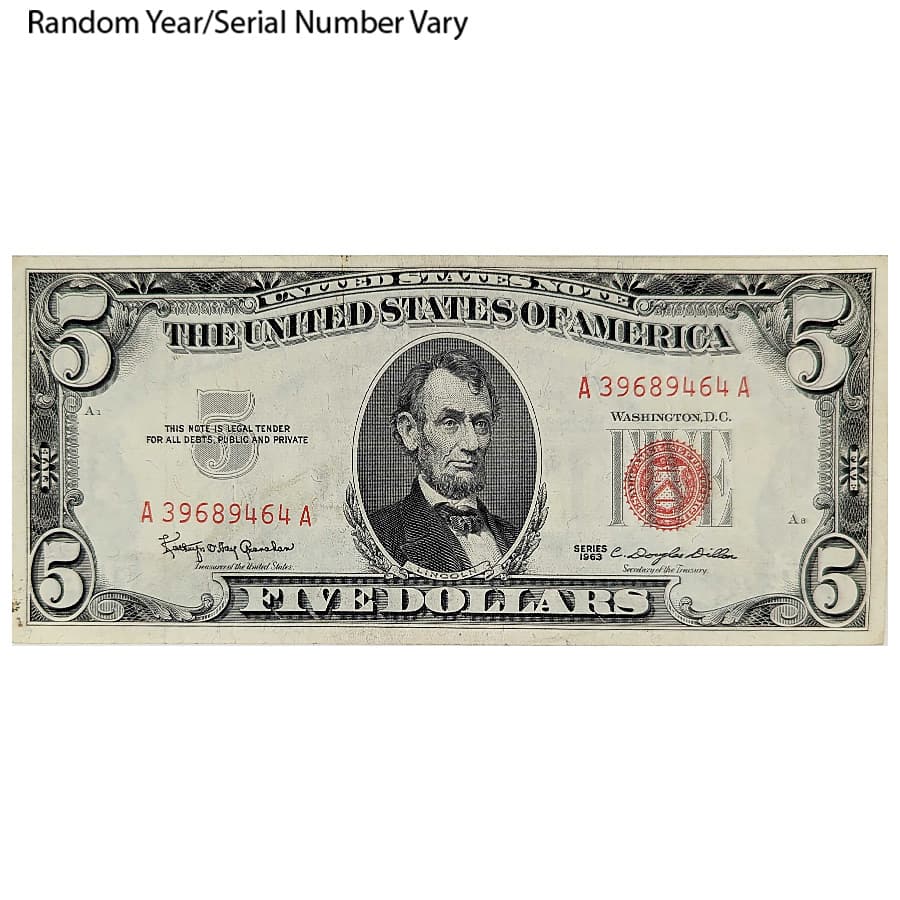 $5 Bill Legal Tender Currency Note Red Seal Avg Circ (Random Year)