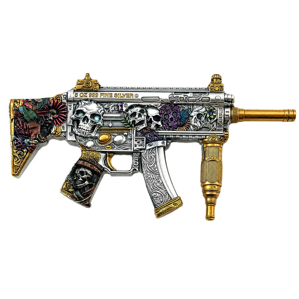 5 oz Dia de los Muertos Gun Shaped Silver .999 Fine Antiqued Finish thumbnail 3