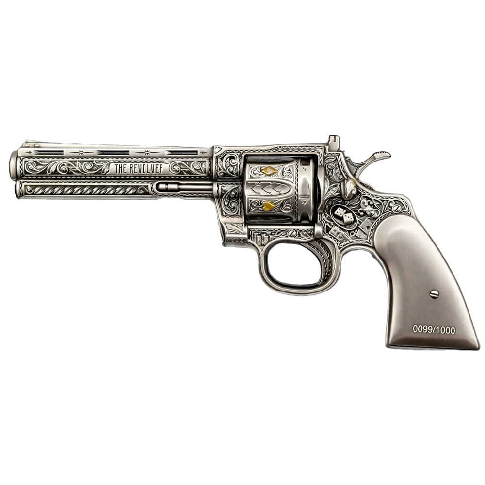 5 oz Silver Revolver Gun Shaped Antiqued High Relief .999 Fine
