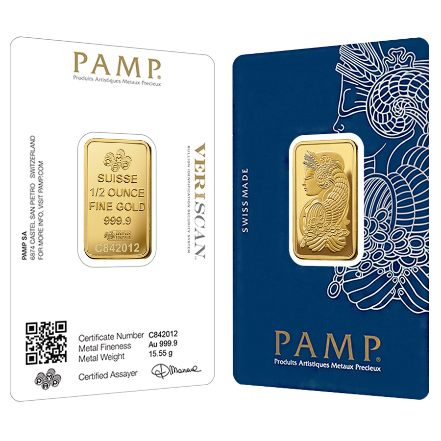 1/2 oz Gold Bar PAMP Suisse Lady Fortuna Veriscan .9999 Fine (in Assay)