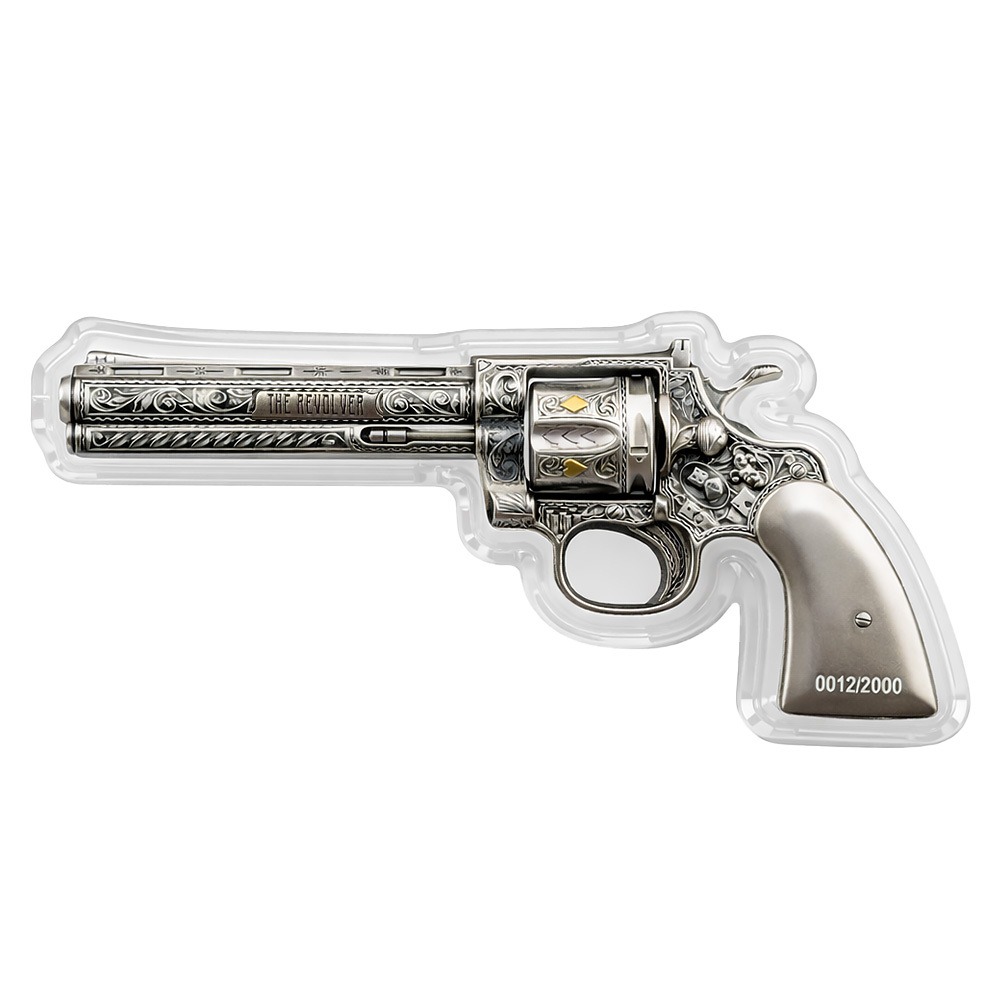 1 oz Silver Revolver Gun Shaped Antiqued High Relief .999 Fine thumbnail 3
