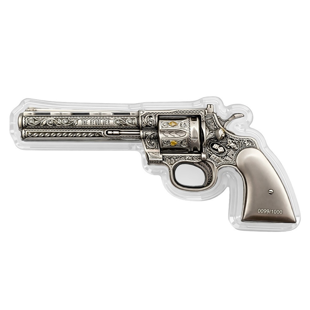 5 oz Silver Revolver Gun Shaped Antiqued High Relief .999 Fine thumbnail 3