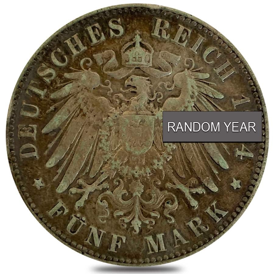 German States Prussia 5 Mark Silver Coin Avg Circ ASW .8037 oz (Random Year) thumbnail 2