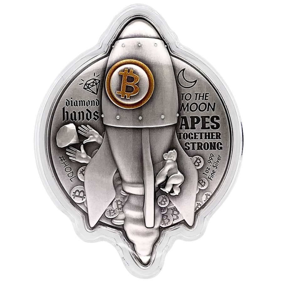 2022 Chad 1 oz Silver Bitcoin Rocket Shaped Antiqued High Relief Coin .999 Fine (w/Box) thumbnail 4