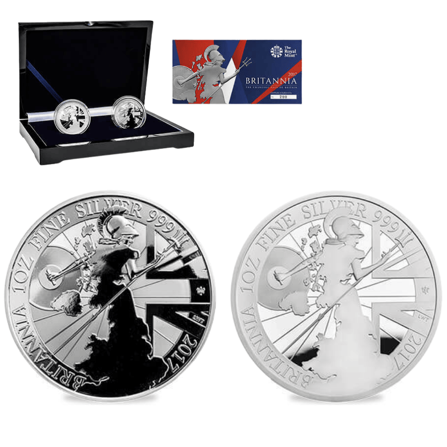2017 Great Britain 1 oz Silver Britannia Proof/Reverse Proof 2-Coin Set (w/Box & COA)