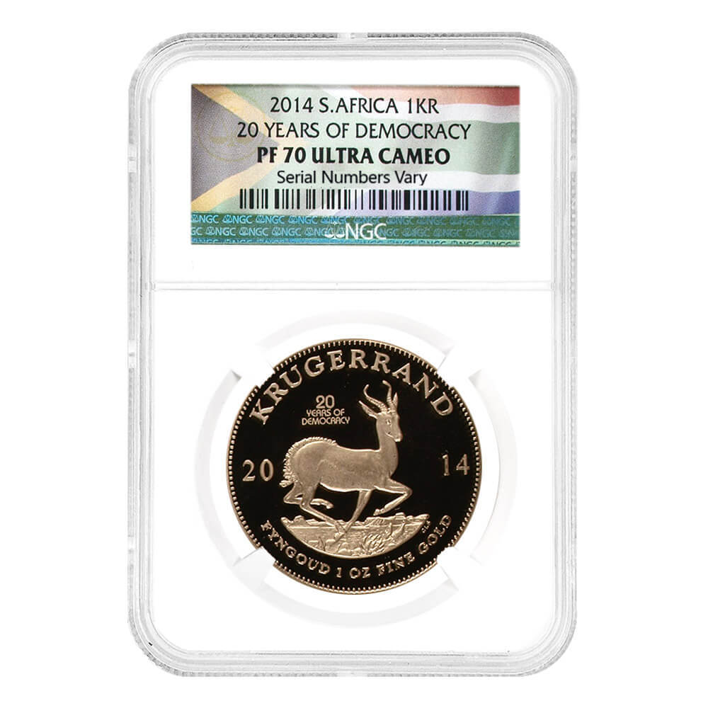 2014 South Africa 1 oz Proof Gold Krugerrand 20 Years of Democracy NGC PF 70 UCAM (w/Box & COA) thumbnail 2