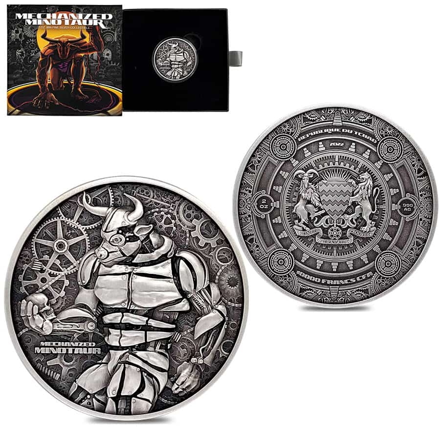 2022 Chad 2 oz Silver Mechanized Minotaur Antiqued High Relief Coin .999 Fine (w/Box)
