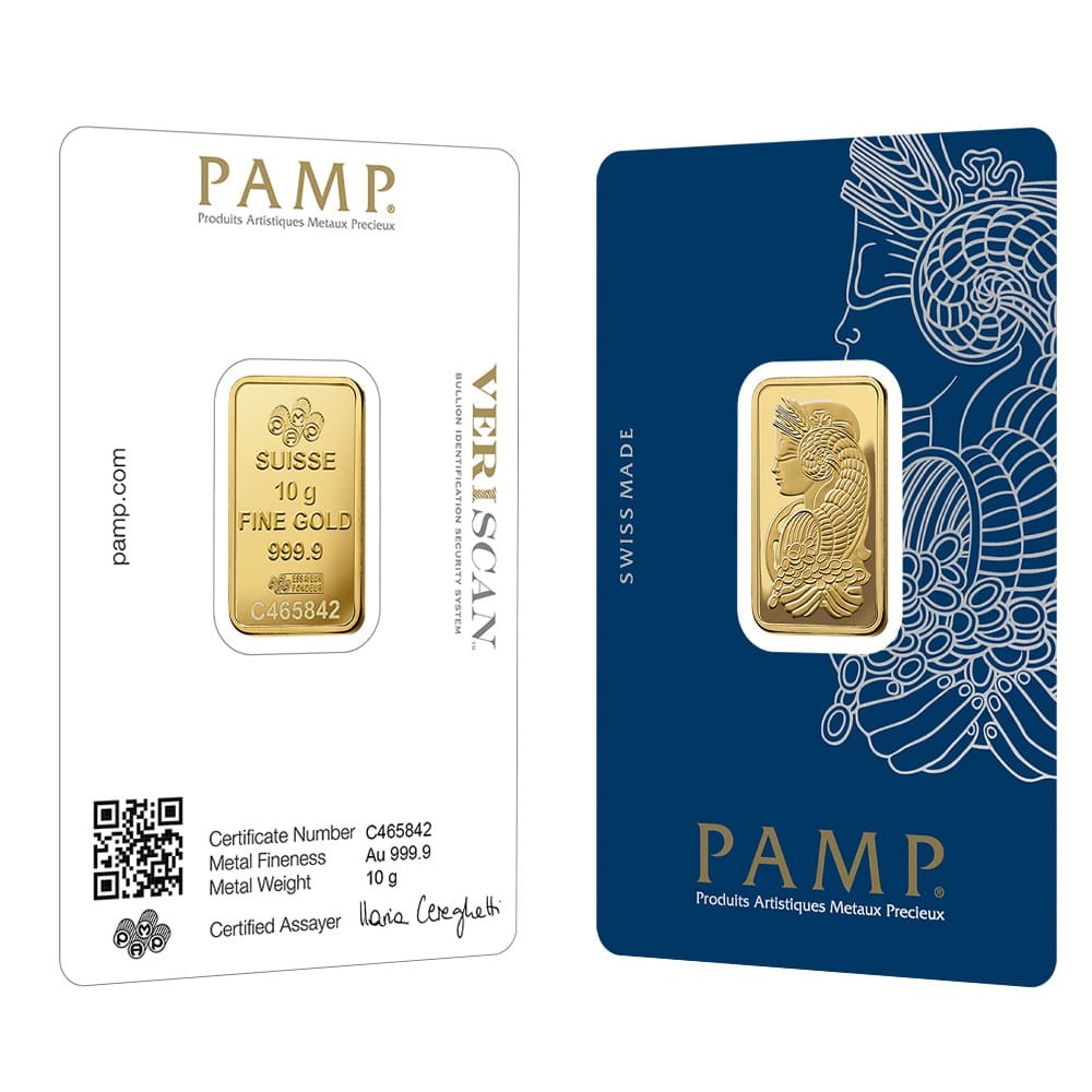 10 Gram Gold Bar PAMP Suisse Lady Fortuna Veriscan .9999 Fine (in Assay)