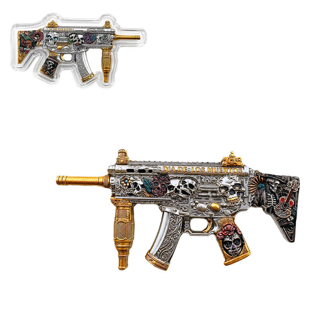 1 oz Dia de los Muertos Gun Shaped Silver .999 Fine Antiqued Finish
