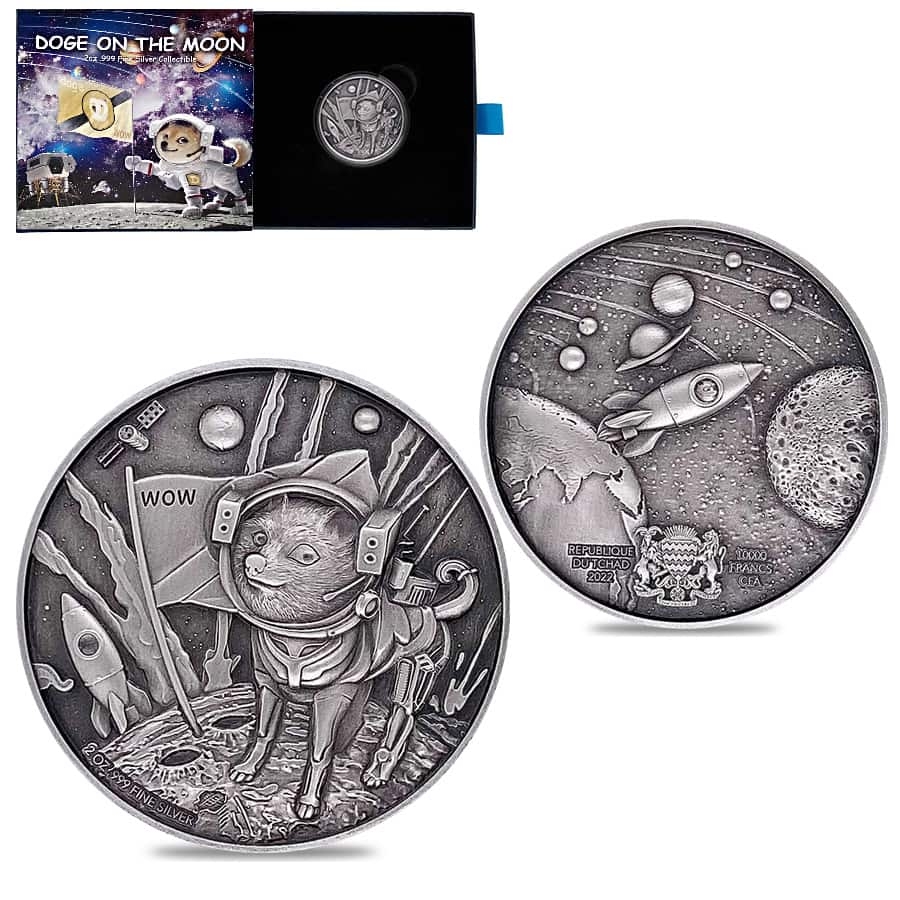 2022 Chad 2 oz Silver Doge on The Moon Antiqued High Relief Coin .999 Fine (w/Box)