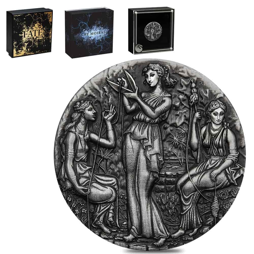 2025 2 oz Fate - The Moirai Antiqued Silver High Relief Coin Perth Mint