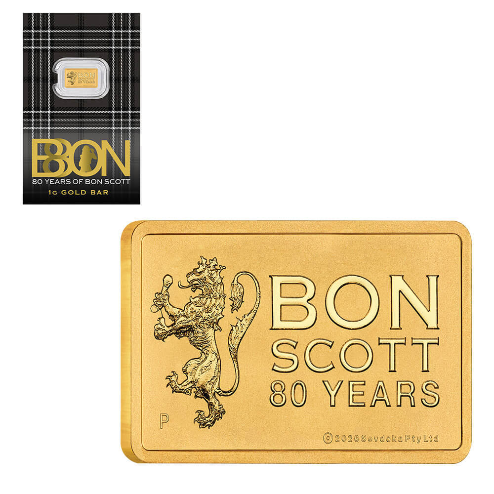 2026 1 Gram Perth Mint Bon Scott 80th Ann. Gold Bar .9999 Fine (in Assay)