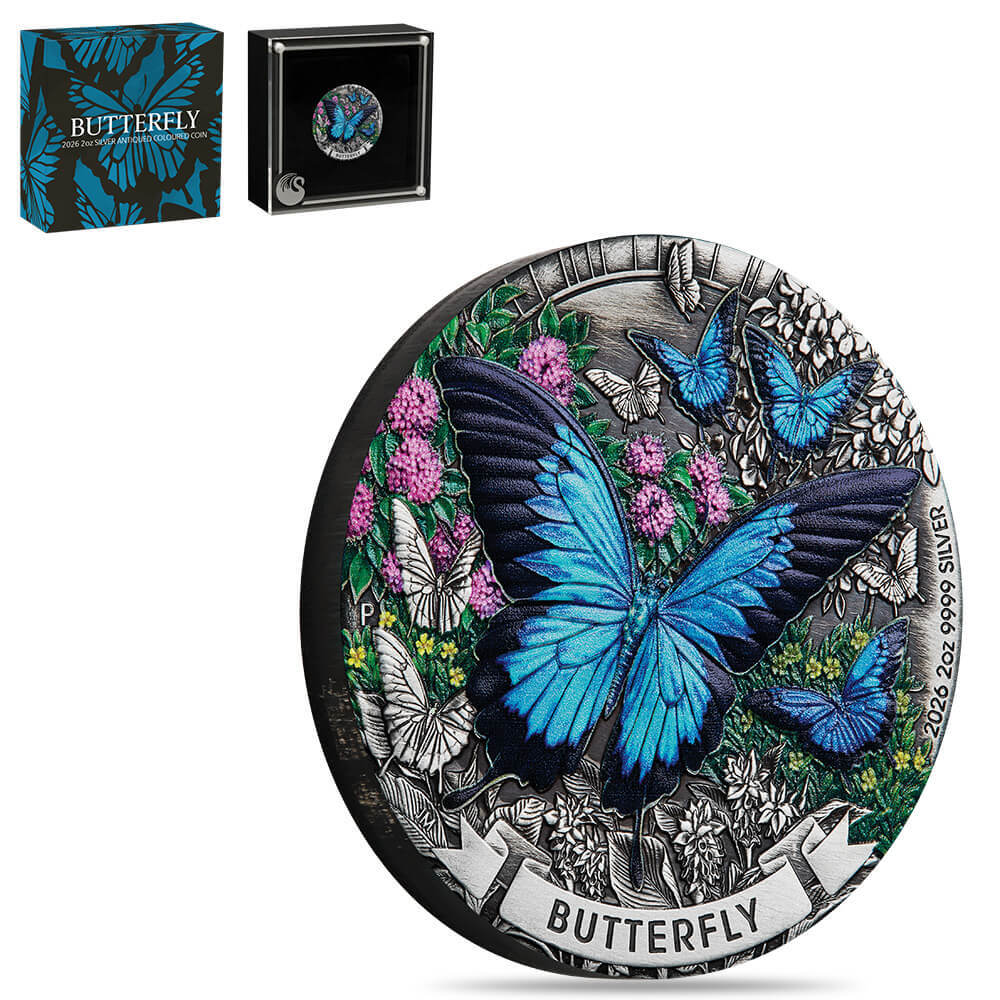 2026 2 oz Butterfly Antiqued Colorized Silver Coin Perth Mint