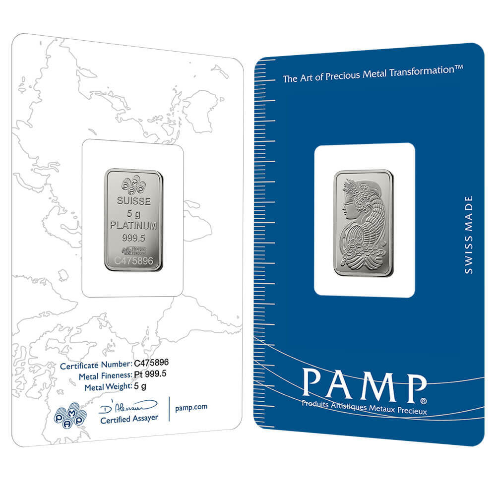 5 Gram PAMP Suisse Lady Fortuna Platinum Bar .9995 Fine (in Assay)