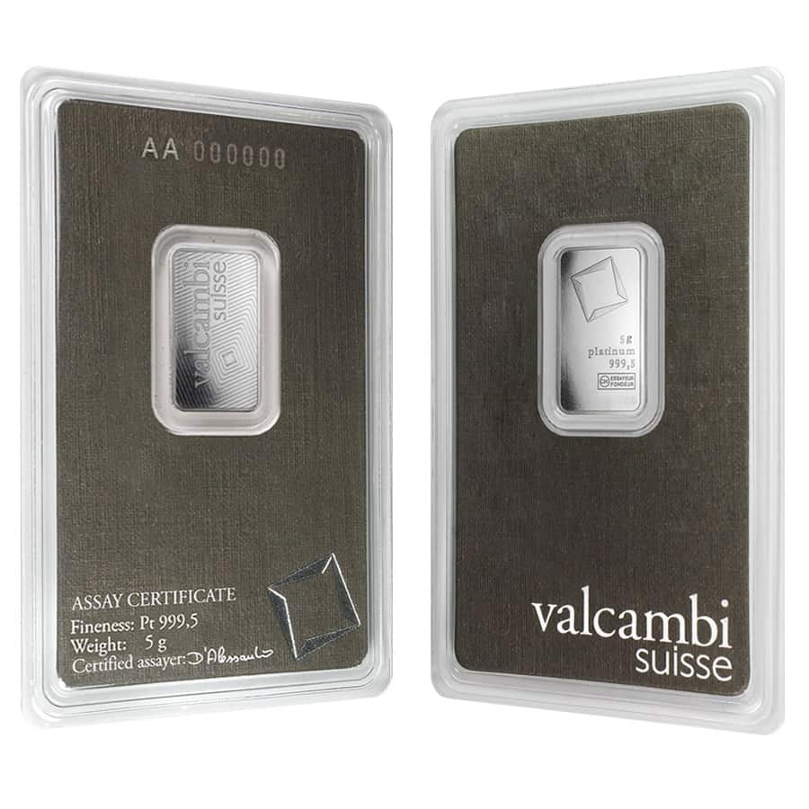 5 Gram Platinum Bar - Valcambi Suisse .9995 Fine (in Assay)