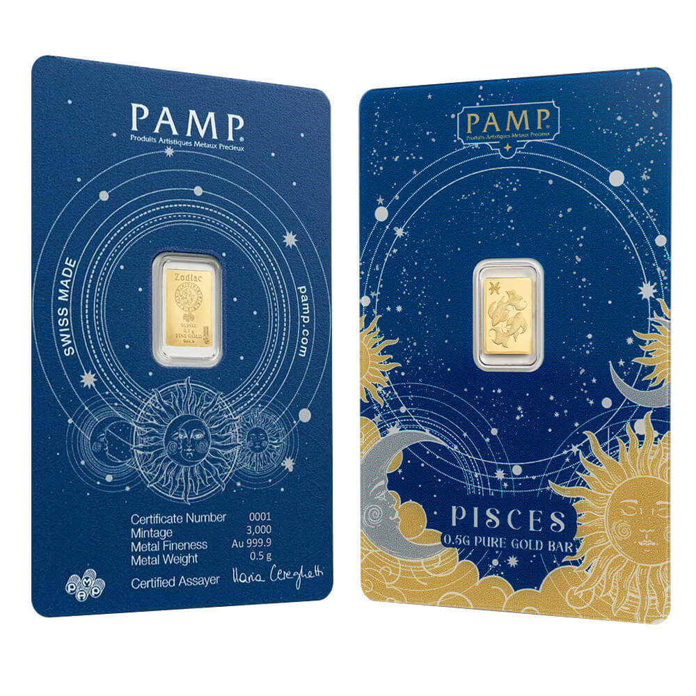 1/2 Gram PAMP Suisse Pisces Zodiac Gold Bar (in Assay)