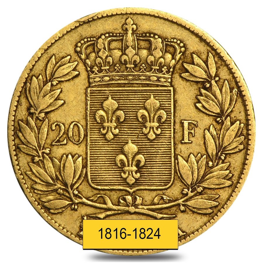 France Gold 20 Francs Louis XVIII Avg Circ AGW .1867 oz (Random Year, 1816-1824) thumbnail 2