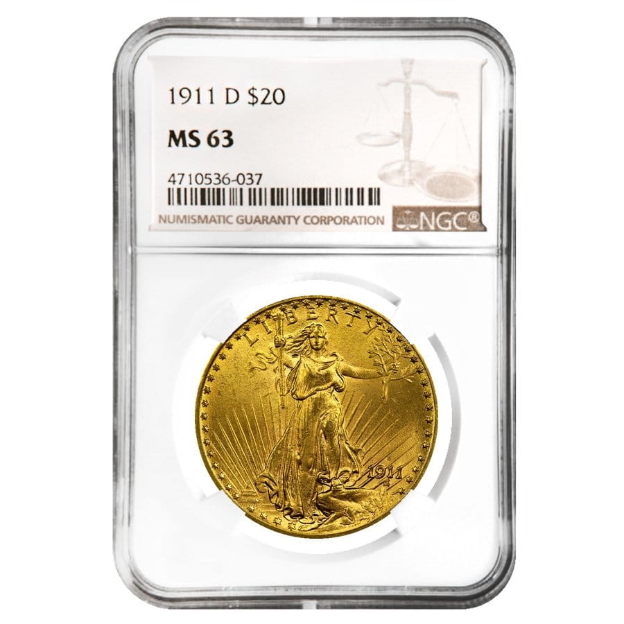 1911 D $20 Gold Saint Gaudens Double Eagle Coin NGC MS 63
