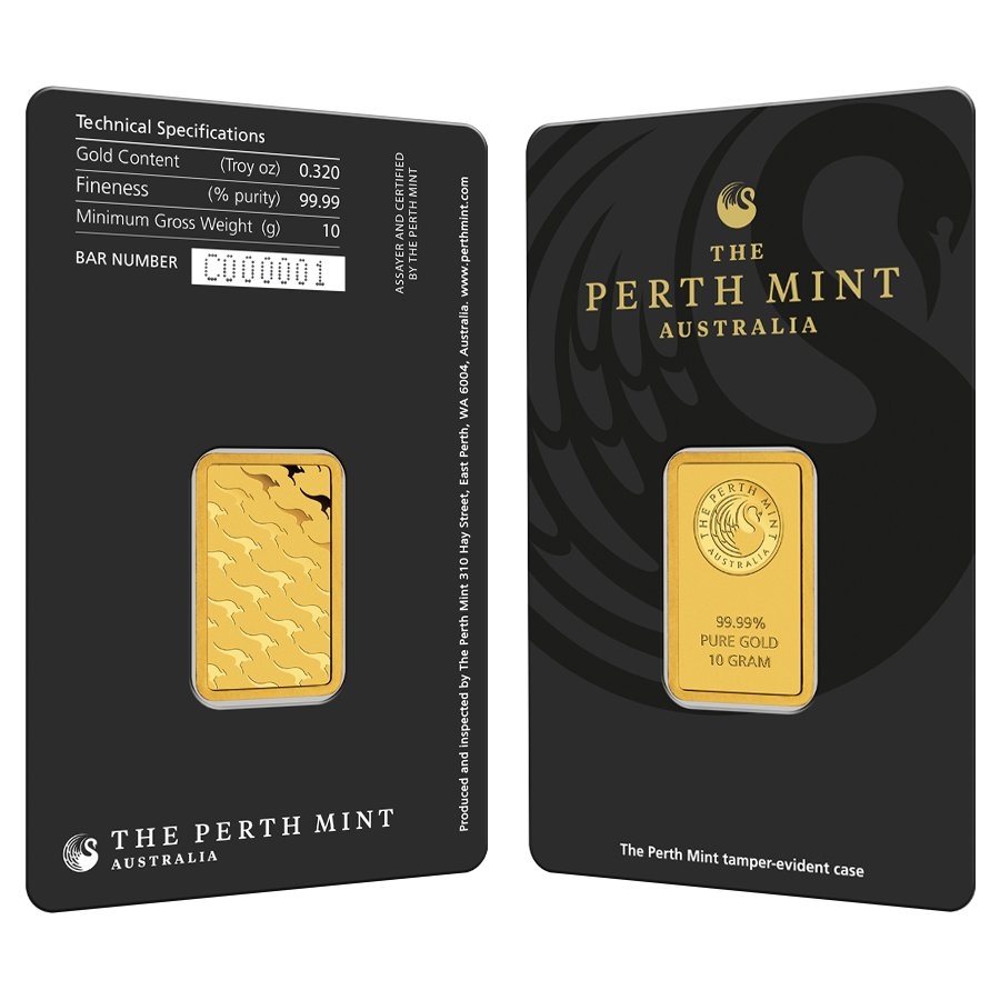 10 Gram Perth Mint Gold Bar .9999 Fine (in Assay)