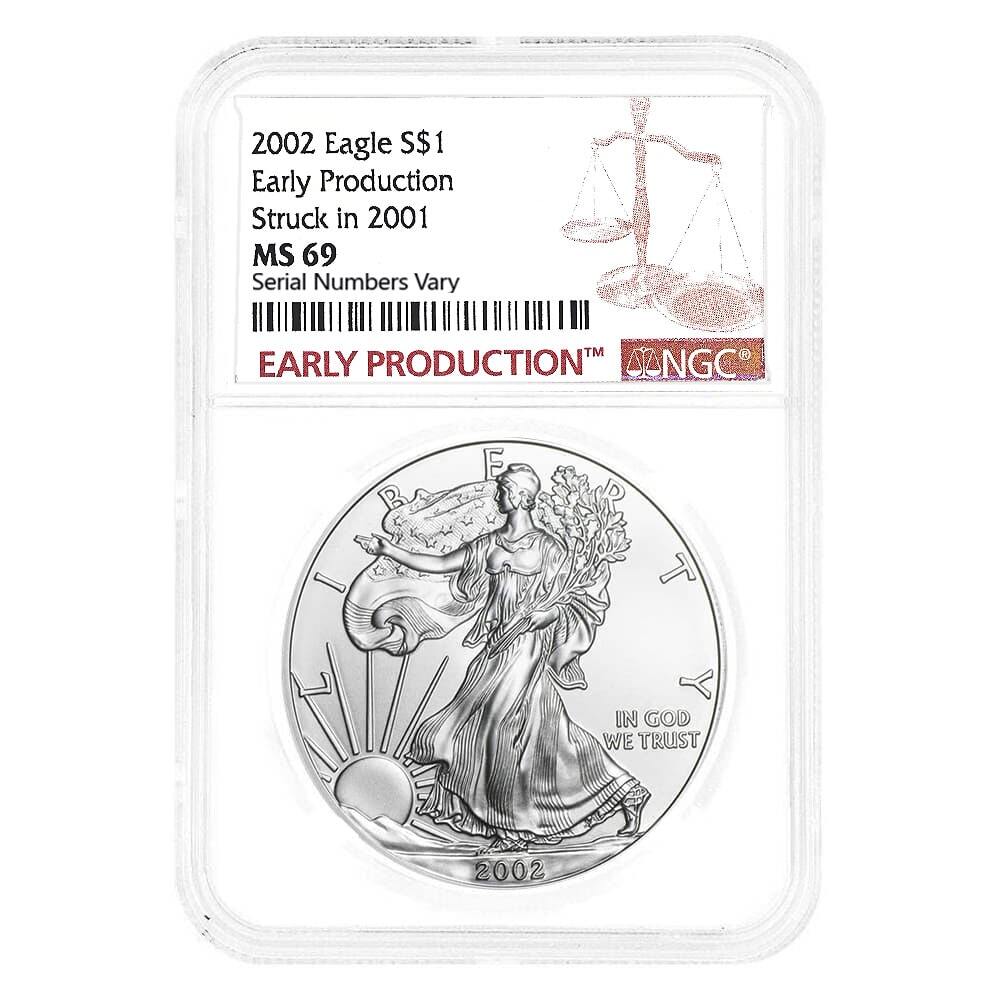 2002 1 oz Silver American Eagle Struck in 2001 NGC MS 69 Early Production