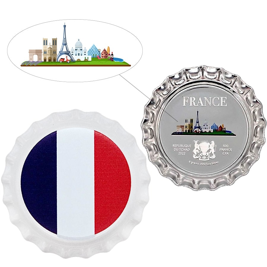 2022 Chad 6 gram World Landmarks - France Bottle Cap Proof Silver Coin .999 Fine (In Cap)
