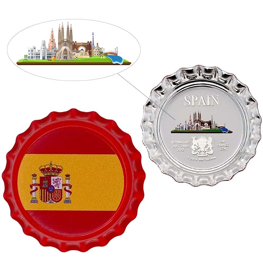 2022 Chad 6 gram World Landmarks - Spain Bottle Cap Proof Silver Coin .999 Fine (In Cap)