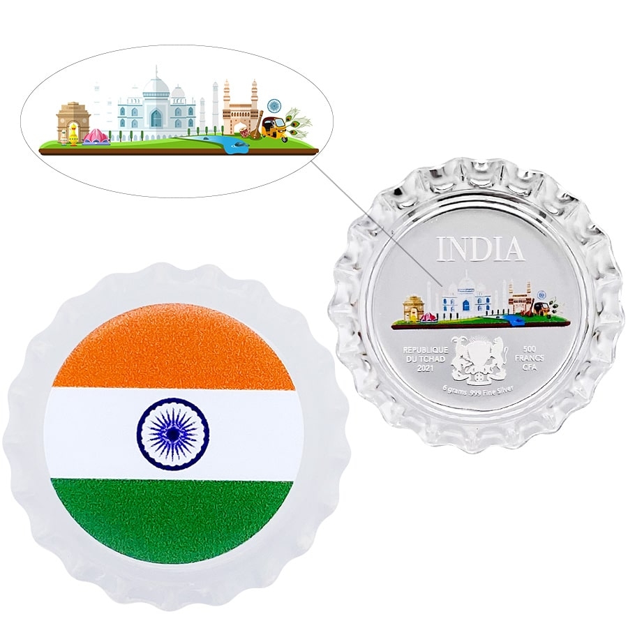 2021 Chad 6 gram World Landmarks - India Bottle Cap Proof Silver Coin .999 Fine (In Cap)