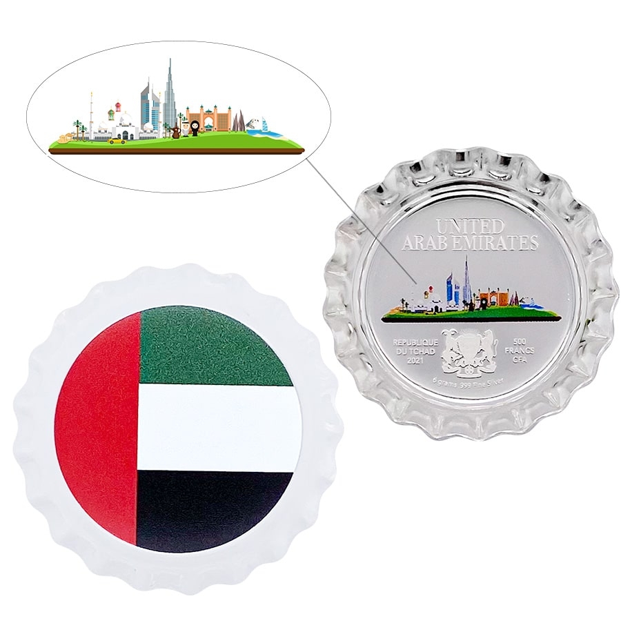2021 Chad 6 gram World Landmarks - UAE Bottle Cap Proof Silver Coin .999 Fine (In Cap)