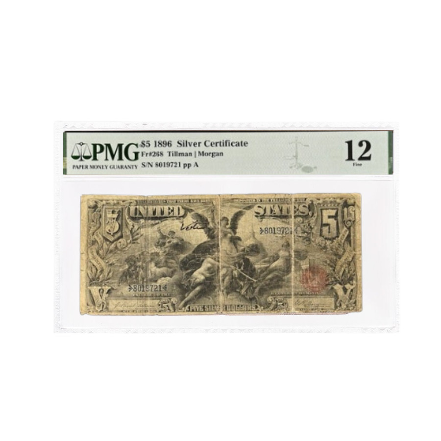 1896 $5 Silver Certificate Currency Note Tillman PMG F 12 (Annotation)