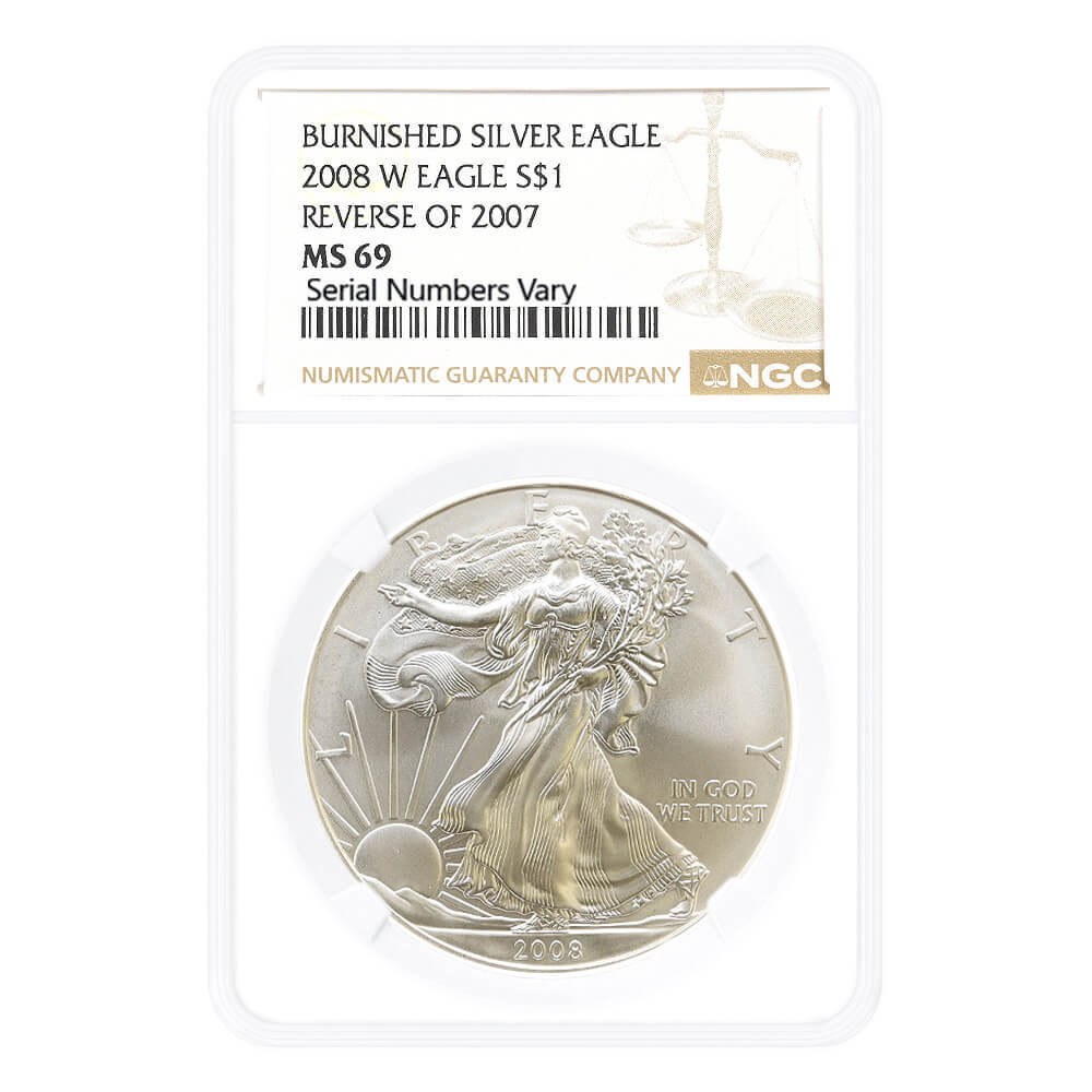 2008-W 1 oz Burnished Silver American Eagle $1 NGC MS 69 Reverse of 2007