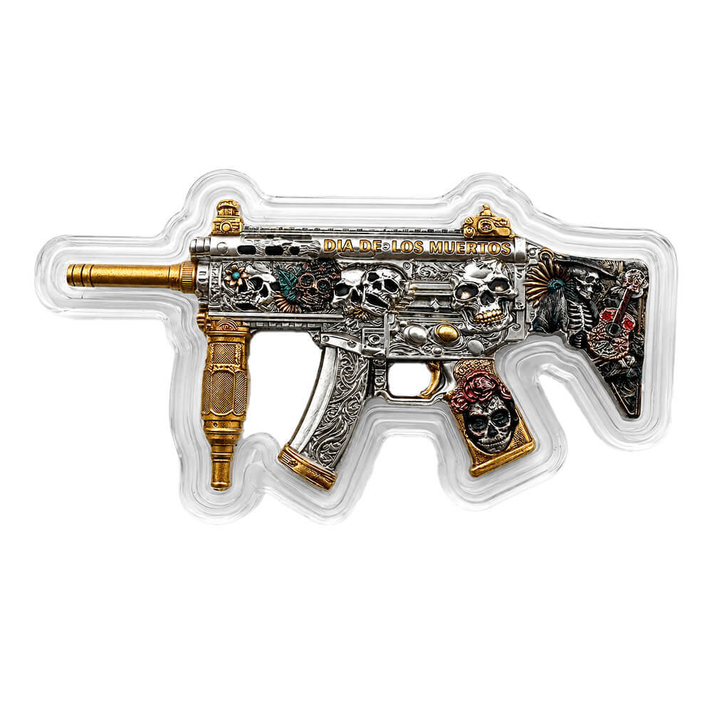 1 oz Dia de los Muertos Gun Shaped Silver .999 Fine Antiqued Finish thumbnail 4