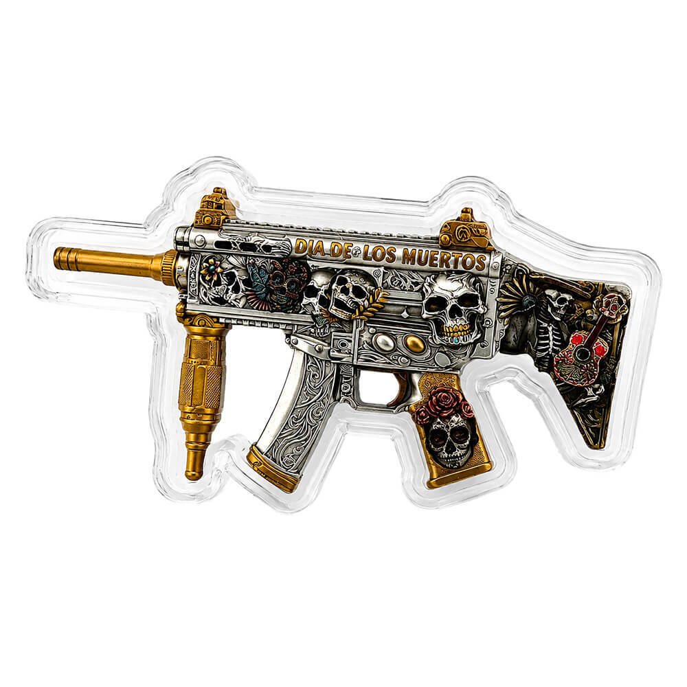 2 oz Dia de los Muertos Gun ShapedSilver .999 Fine Antiqued Finish thumbnail 4